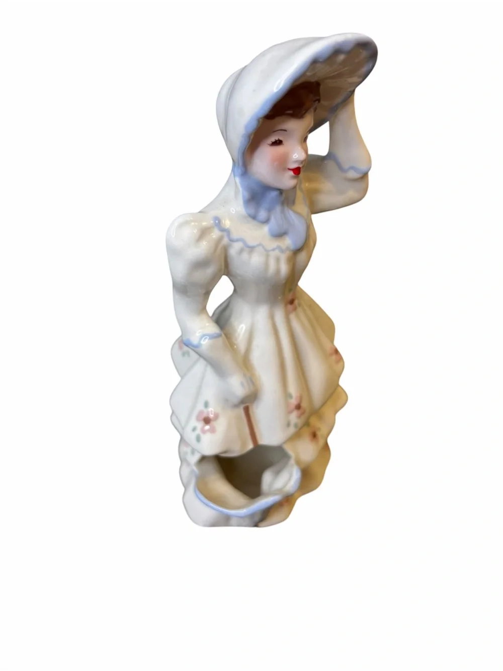 Vintage Florence Ceramics California Lady Figural Vase Bonnet Floral Dress 8”